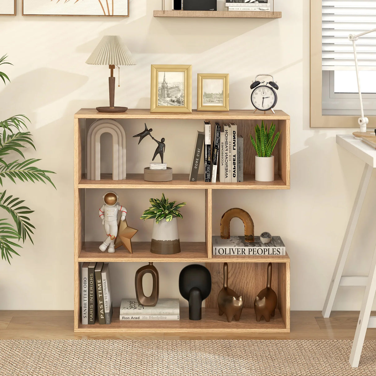 3-tier Bookshelf Irregular Open Back Bookcase with 3 Cubes-Natural