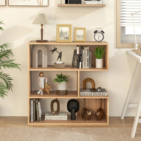 3-tier Bookshelf Irregular Open Back Bookcase with 3 Cubes-Natural