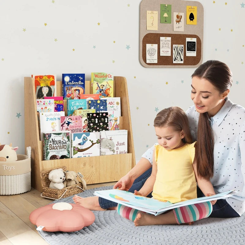 4-Tier Kids Wooden Bookshelf with Deep Compartments-Natural