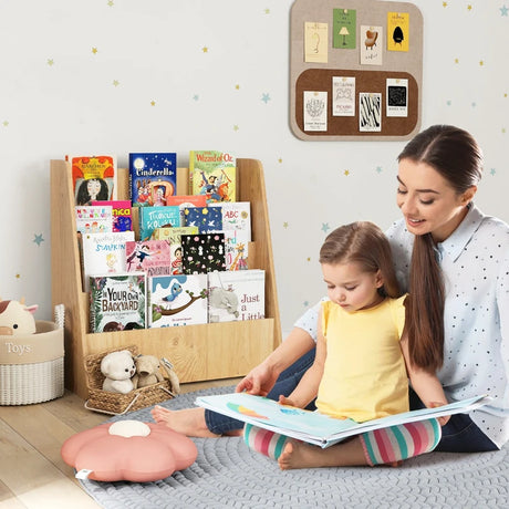 4-Tier Kids Wooden Bookshelf with Deep Compartments-Natural