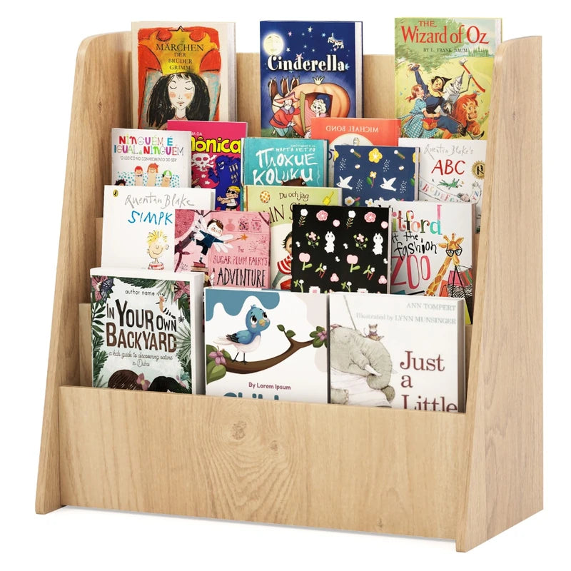 4-Tier Kids Wooden Bookshelf with Deep Compartments-Natural