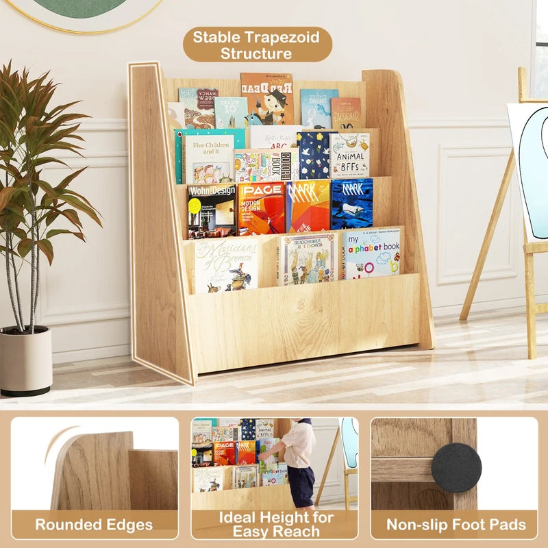 4-Tier Kids Wooden Bookshelf with Deep Compartments-Natural