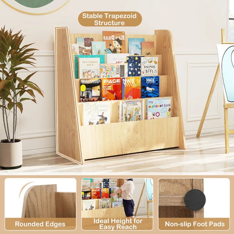 4-Tier Kids Wooden Bookshelf with Deep Compartments-Natural