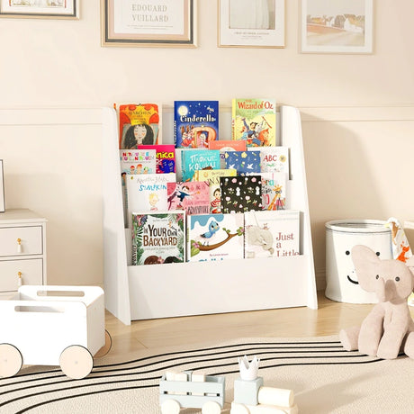 4-Tier Kids Wooden Bookshelf with Deep Compartments-White