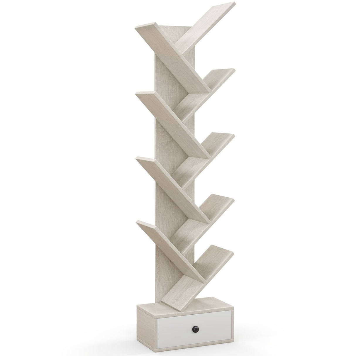 10-Tier Tree Bookshelf with Drawer and Anti-Tipping Kit-Beige
