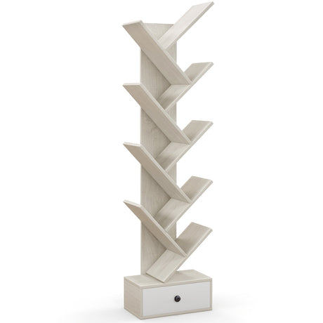 10-Tier Tree Bookshelf with Drawer and Anti-Tipping Kit-Beige