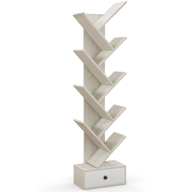 10-Tier Tree Bookshelf with Drawer and Anti-Tipping Kit-Beige