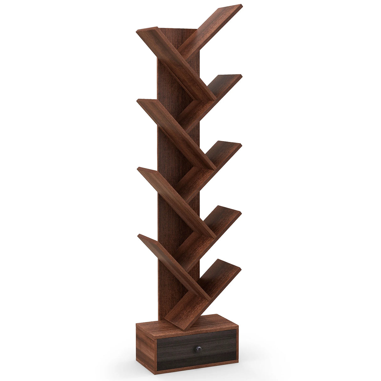 10-Tier Tree Bookshelf with Drawer and Anti-Tipping Kit-Brown