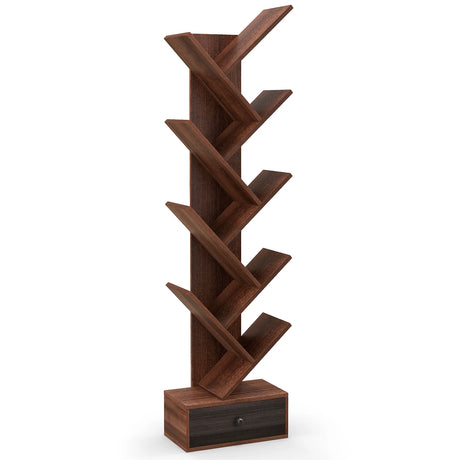 10-Tier Tree Bookshelf with Drawer and Anti-Tipping Kit-Brown