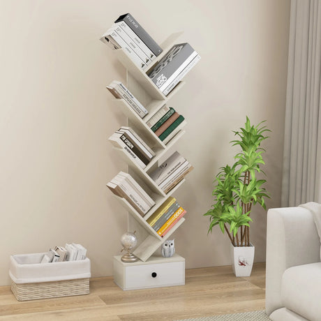 10-Tier Tree Bookshelf with Drawer and Anti-Tipping Kit-Beige