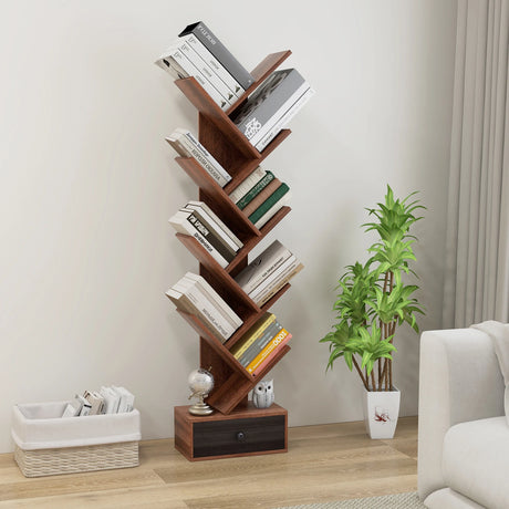 10-Tier Tree Bookshelf with Drawer and Anti-Tipping Kit-Brown