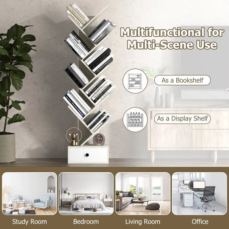 10-Tier Tree Bookshelf with Drawer and Anti-Tipping Kit-Beige