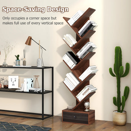 10-Tier Tree Bookshelf with Drawer and Anti-Tipping Kit-Brown
