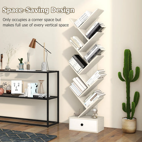 10-Tier Tree Bookshelf with Drawer and Anti-Tipping Kit-Beige