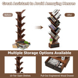 10-Tier Tree Bookshelf with Drawer and Anti-Tipping Kit-Brown