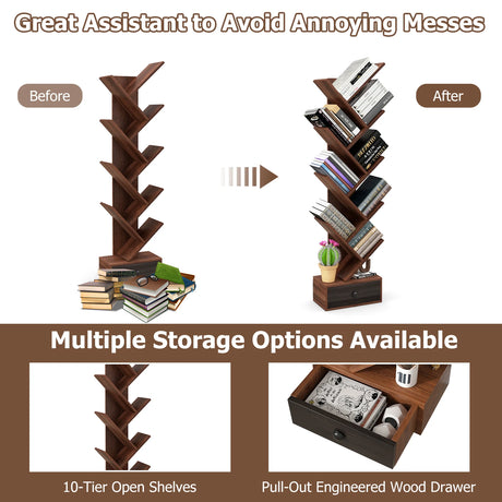 10-Tier Tree Bookshelf with Drawer and Anti-Tipping Kit-Brown