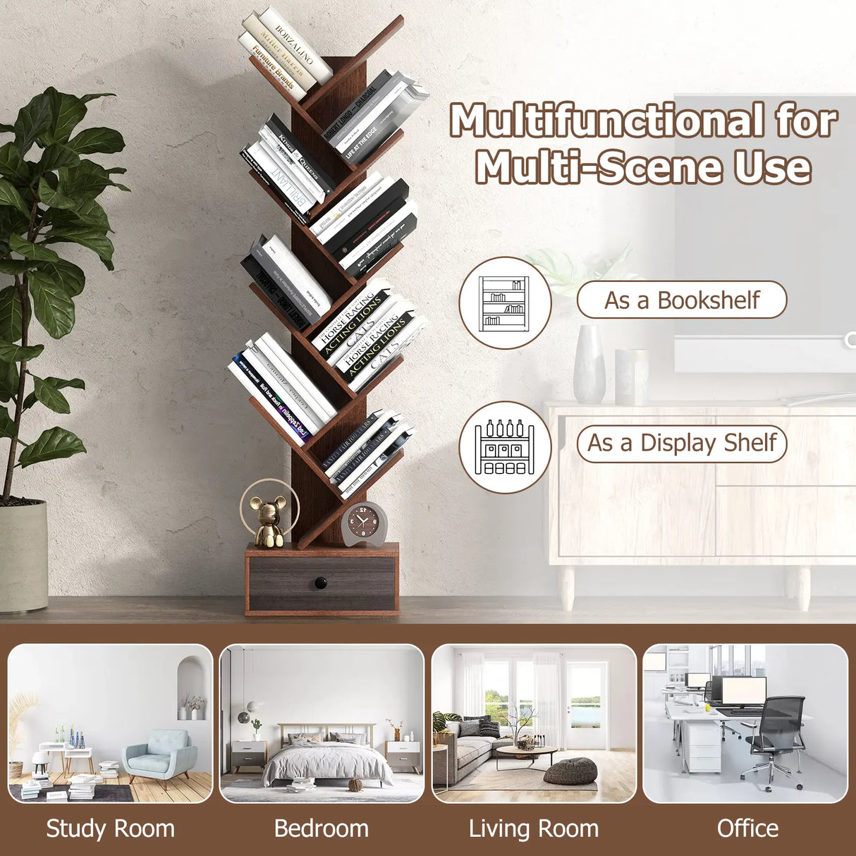 10-Tier Tree Bookshelf with Drawer and Anti-Tipping Kit-Brown