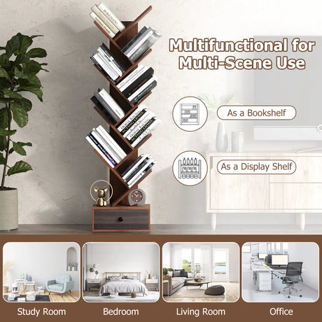 10-Tier Tree Bookshelf with Drawer and Anti-Tipping Kit-Brown