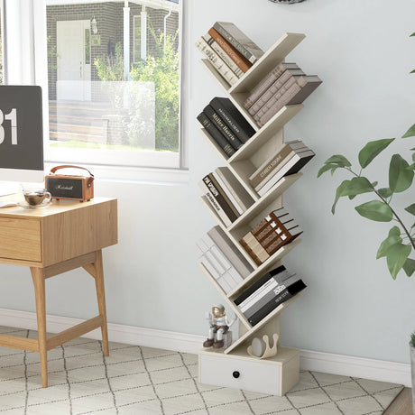 10-Tier Tree Bookshelf with Drawer and Anti-Tipping Kit-Beige