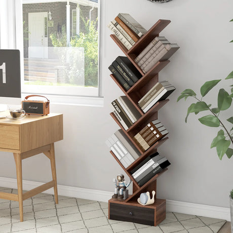 10-Tier Tree Bookshelf with Drawer and Anti-Tipping Kit-Brown