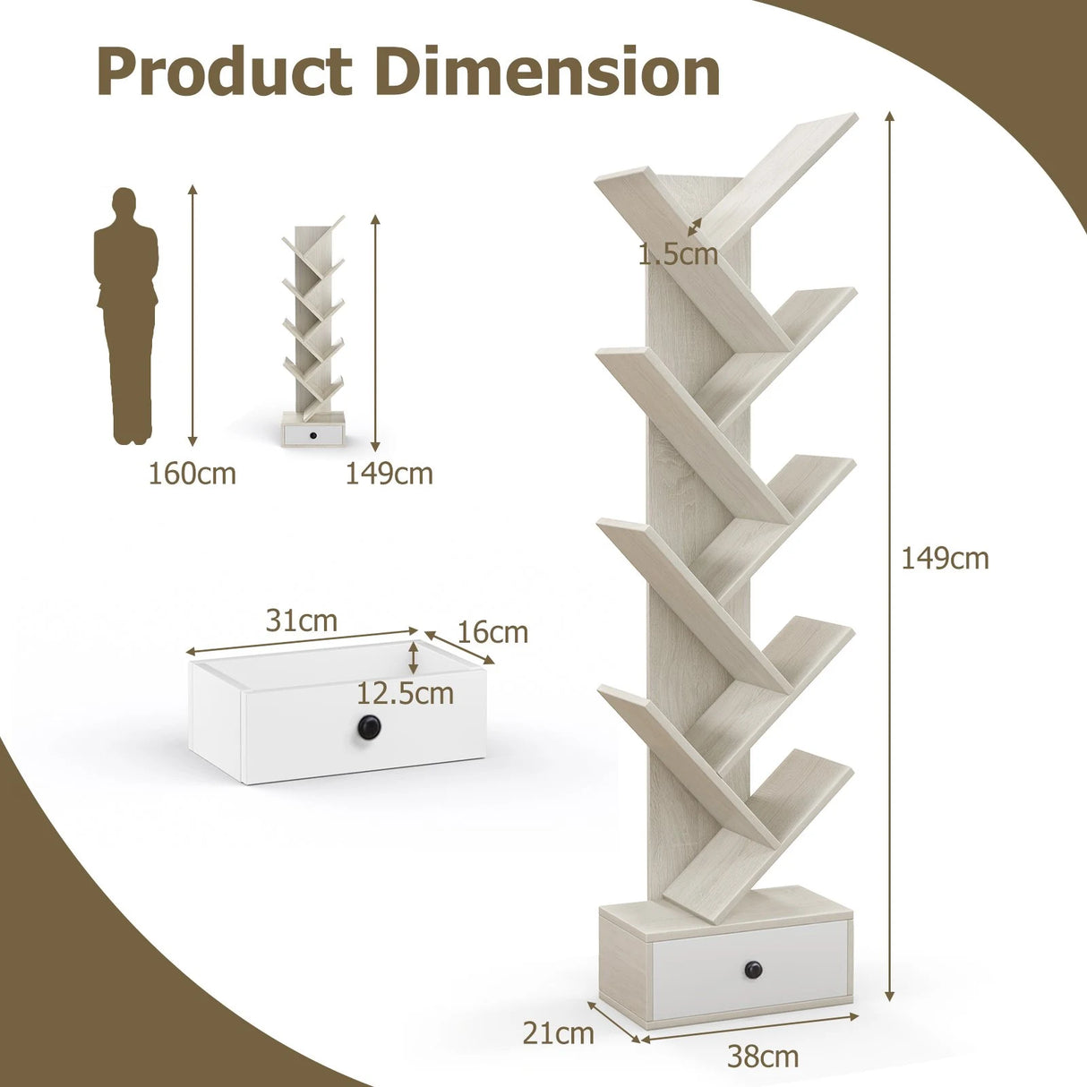 10-Tier Tree Bookshelf with Drawer and Anti-Tipping Kit-Beige