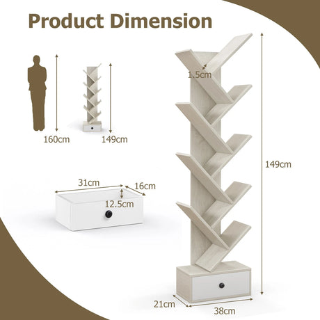 10-Tier Tree Bookshelf with Drawer and Anti-Tipping Kit-Beige