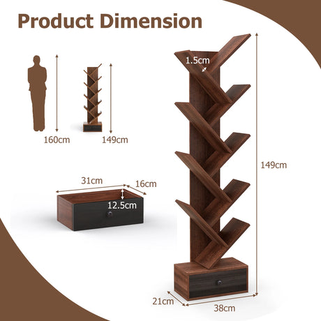 10-Tier Tree Bookshelf with Drawer and Anti-Tipping Kit-Brown
