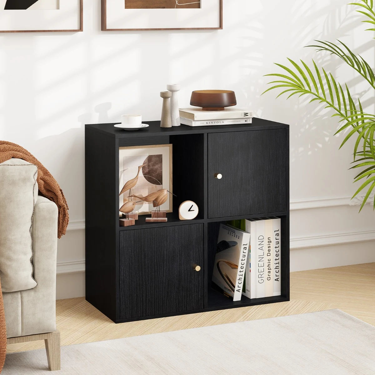 3-Tier Bookshelf with Dual Anti-Tipping Kits and 2 Cabinets-Black