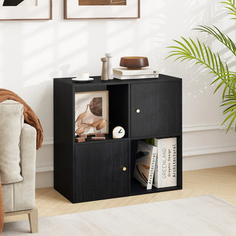 3-Tier Bookshelf with Dual Anti-Tipping Kits and 2 Cabinets-Black