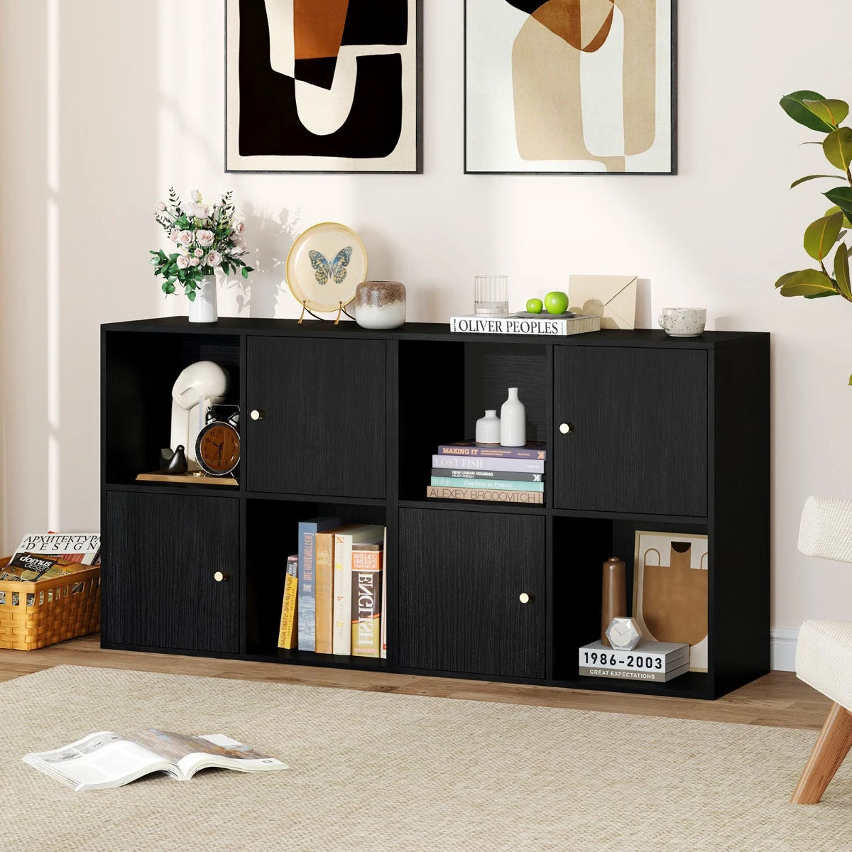 3-Tier Bookshelf with Dual Anti-Tipping Kits and 2 Cabinets-Black