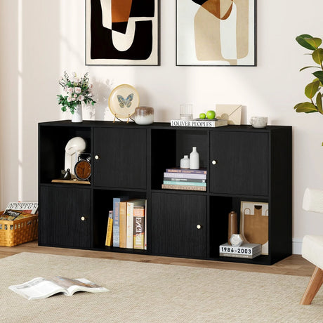 3-Tier Bookshelf with Dual Anti-Tipping Kits and 2 Cabinets-Black