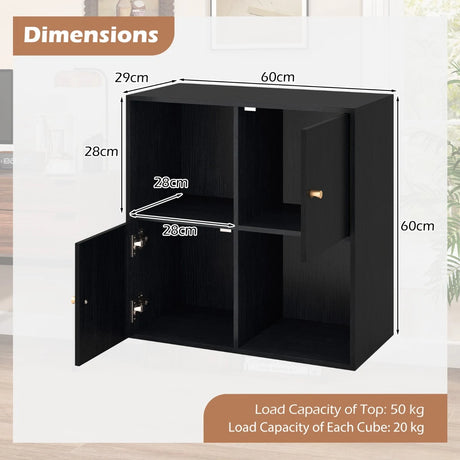 3-Tier Bookshelf with Dual Anti-Tipping Kits and 2 Cabinets-Black