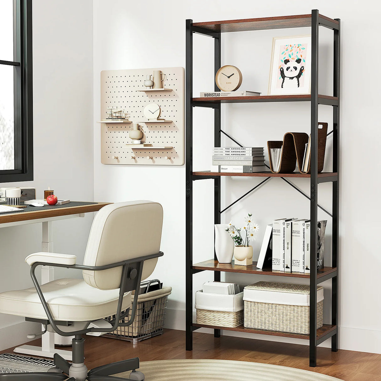 5-Tier Bookshelf Bookcase with Metal Frame and Dual Anti-Tipping Kits-Rustic Brown