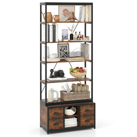 8-tier Bookshelf with 4 Fabric Drawers  and Heavy-duty Metal Frame-Coffee