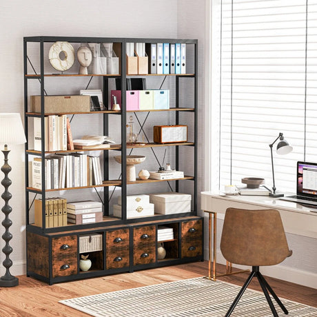 8-tier Bookshelf with 4 Fabric Drawers  and Heavy-duty Metal Frame-Coffee