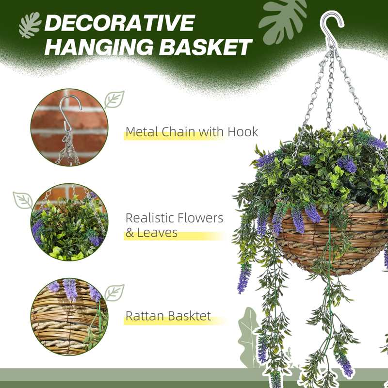 HOMCOM Set of 2 Decorative Artificial Plants, Faux Silk Lavender Flowers in Hanging Baskets, Fake Plants for Home Indoor Outdoor Decor, Purple