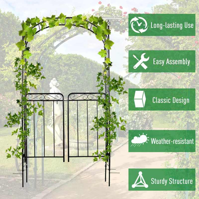 Outsunny Garden Decorative Metal Arch with Gate Outdoor Patio Trellis Arbor for Climbing Plant Archway Antique Black - 108L x 45W x 215Hcm