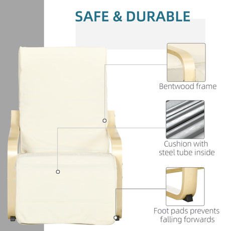 HOMCOM Wooden Armchair, Upholstered Linen Lounge Chair with Adjustable Footrest & Removable Cushion, Poang Chair for Living Room, Cream White