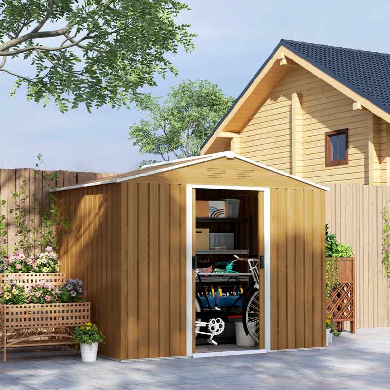 Outsunny 8 x 6ft Outdoor Garden Storage Shed, Metal Tool House with Ventilation and Sliding Doors Chocolate Wood Effect