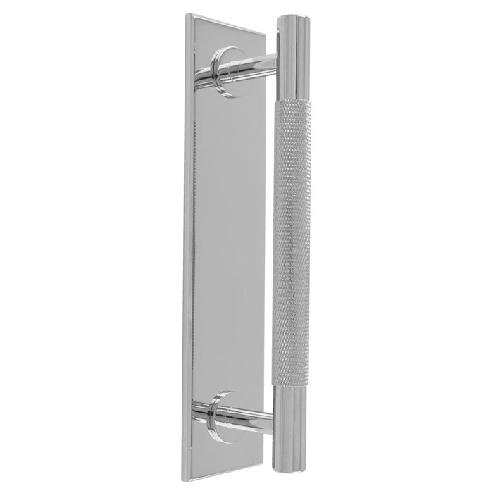 KNURLED PULL HANDLE ON BACKPLATE (128MM C/C) - POLISHED CHROME - SET