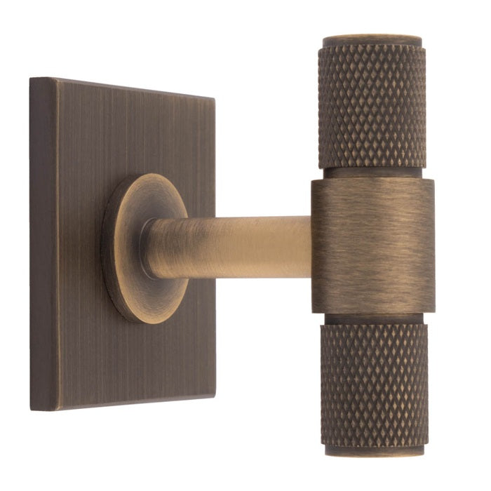 KNURLED T-BAR KNOB ON SQUARE BACKPLATE - ANTIQUE BRASS - SET