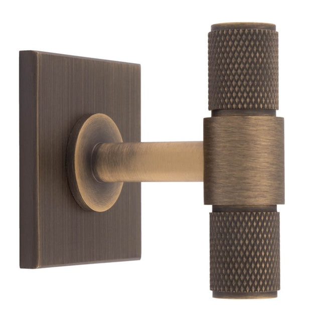 KNURLED T-BAR KNOB ON SQUARE BACKPLATE - ANTIQUE BRASS - SET