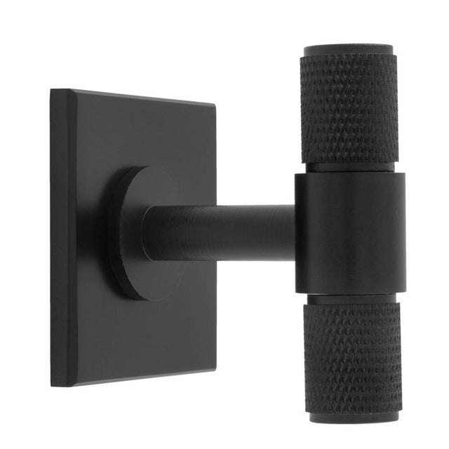 KNURLED T-BAR KNOB ON SQUARE BACKPLATE - MATT BLACK - SET