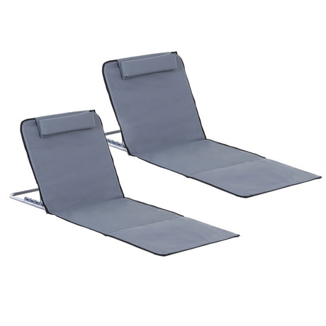 Outsunny Set of 2 Foldable Garden Beach Chair Mat Lightweight Outdoor Sun Lounger Seats Adjustable Back Metal Frame PE Fabric Head Pillow w/ Carry Bag,Grey