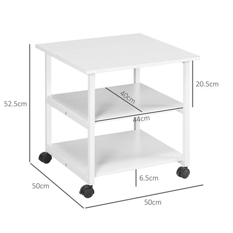 HOMCOM Three-Tier Steel Printer Stand, with Wheels - White