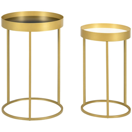 HOMCOM Nest of Tables, Round Coffee Table Set of 2, Nesting Tables with Embedded Tabletop and Metal Frame, Gold Side Table for Living Room, Bedroom