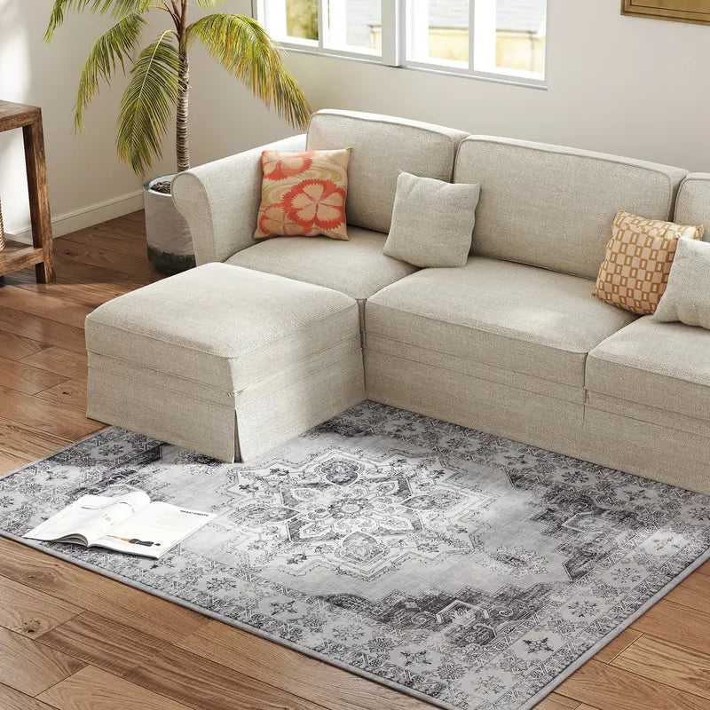 HOMCOM Vintage Area Rug, Non-Slip Washable Rug, Flannel Floor Carpet for Living Room, Bedroom, Dining Room, Home Office, 170 x 120 cm, Grey