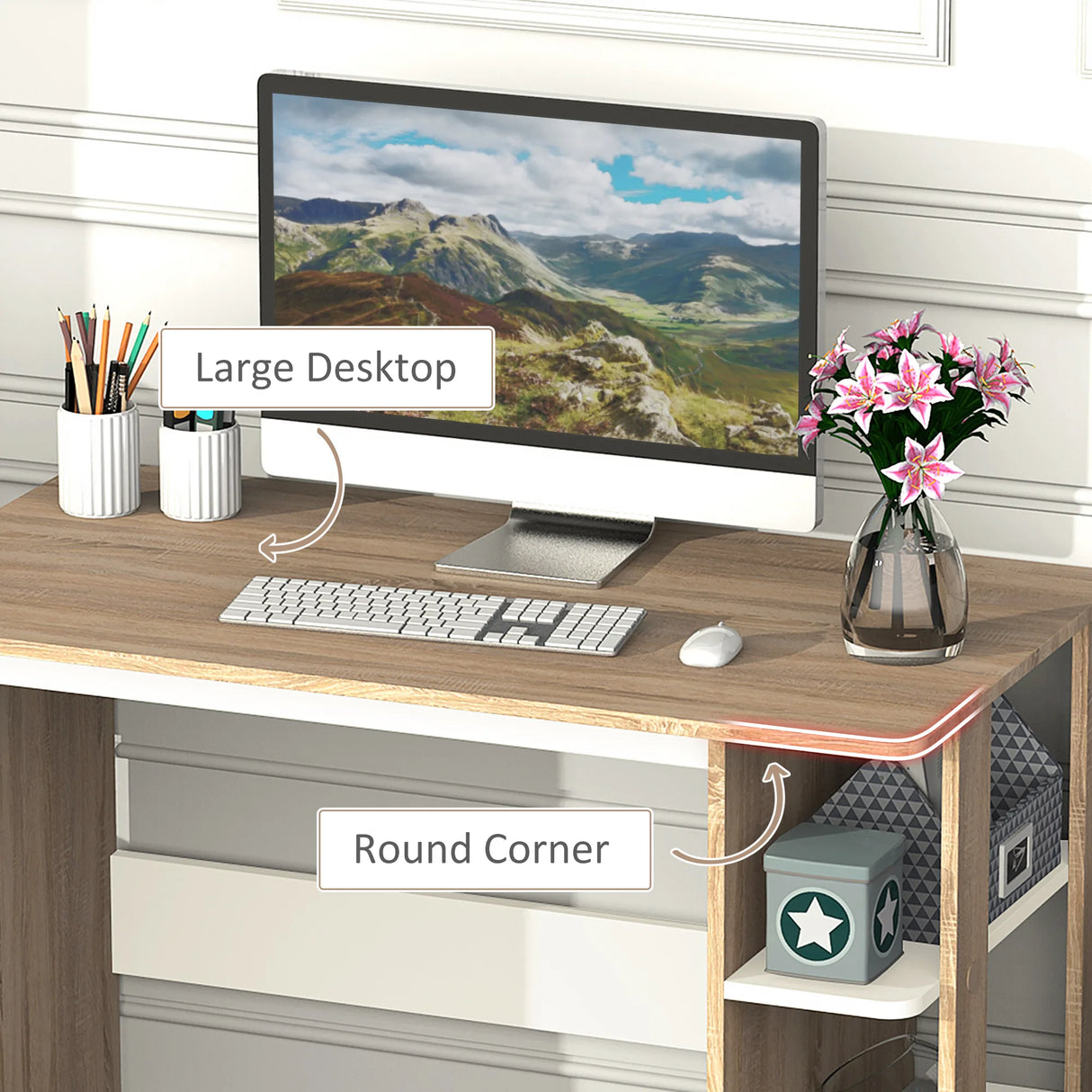 HOMCOM Computer Desk, Writing Desk with 3-Tier Storage Shelf, Work Table for Home Office, Study, Living Room, Oak and White