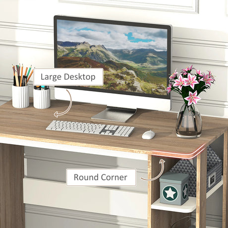 HOMCOM Computer Desk, Writing Desk with 3-Tier Storage Shelf, Work Table for Home Office, Study, Living Room, Oak and White
