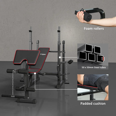 SPORTNOW Weight Bench with Two Barbell Racks, Leg Curl Machine, Preacher Curl Bench, Black